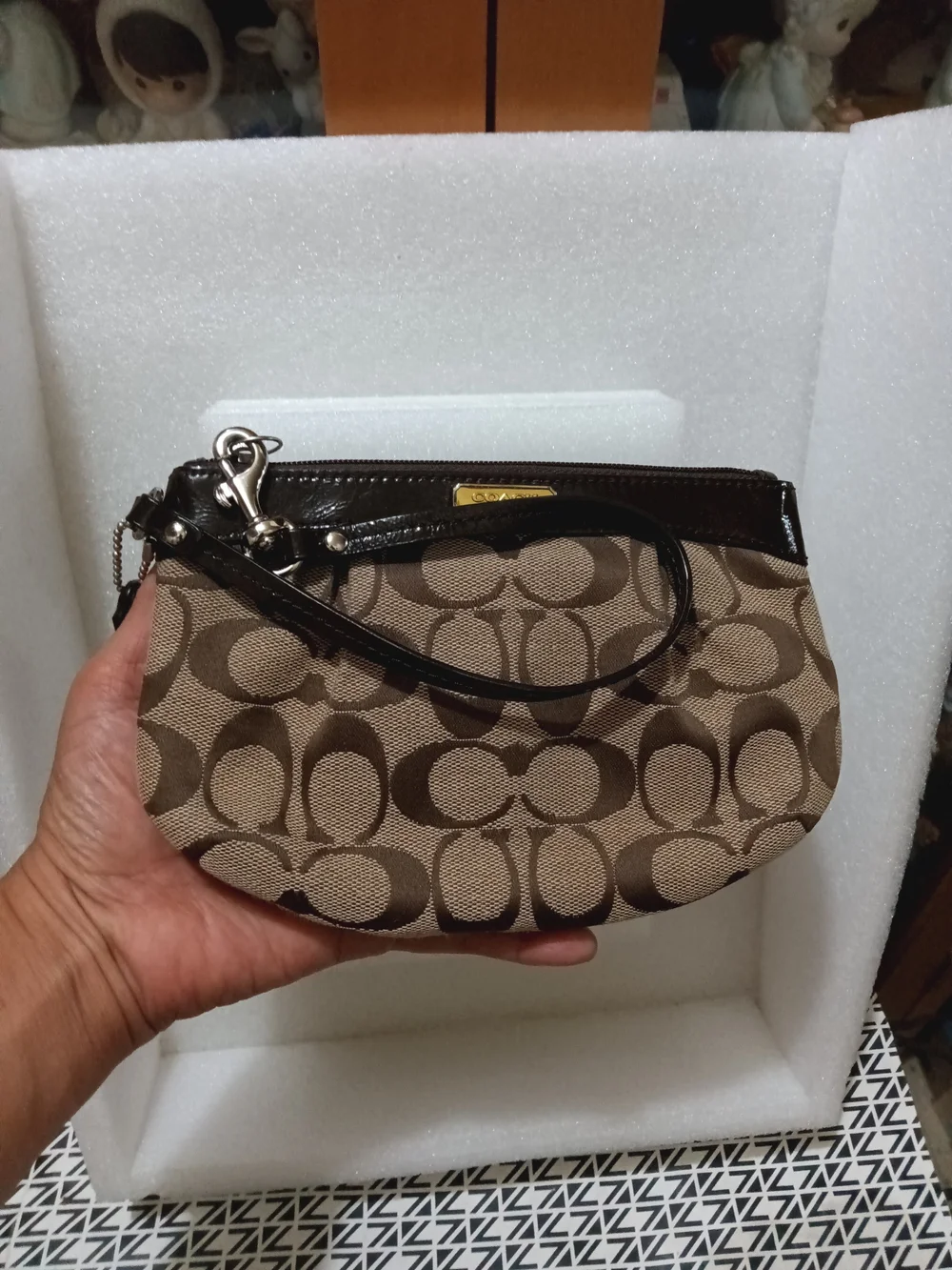 Coach Brown Signature Canvas Wristlet with Dark Trim